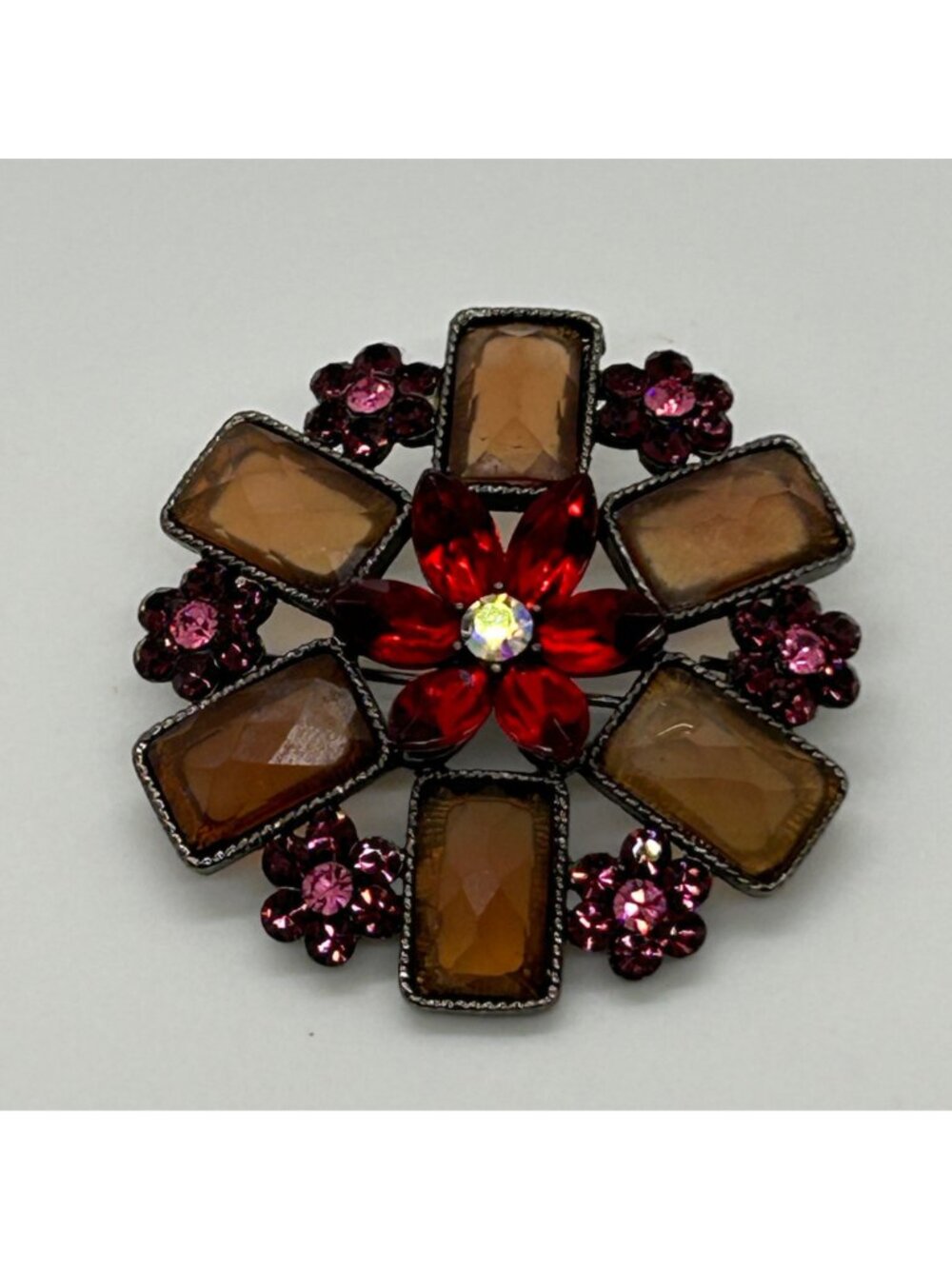 Large Vintage Flower Brooch Pin Rhinestone Red Gold Pink Acrylic Gunmetal Retro - Picture 13 of 13